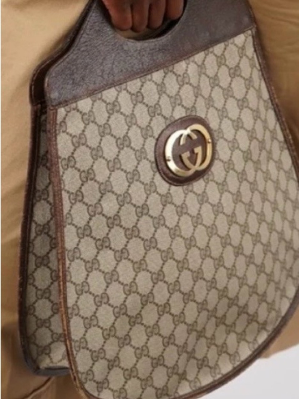 Gucci Beige/Brown Monogram Messenger Bag with Gold Double-G